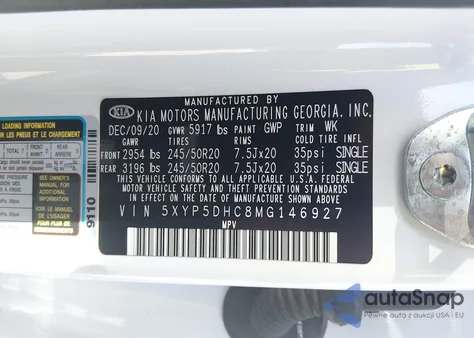 2021 Kia Telluride Sx z USA, uszkodzony, nr VIN 5XYP5DHC8MG146927